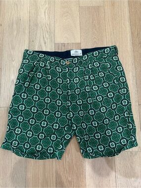 Peninsula Swimwear Green Geometric Lattice Linen Shorts Made in Italy 7" Inseam
